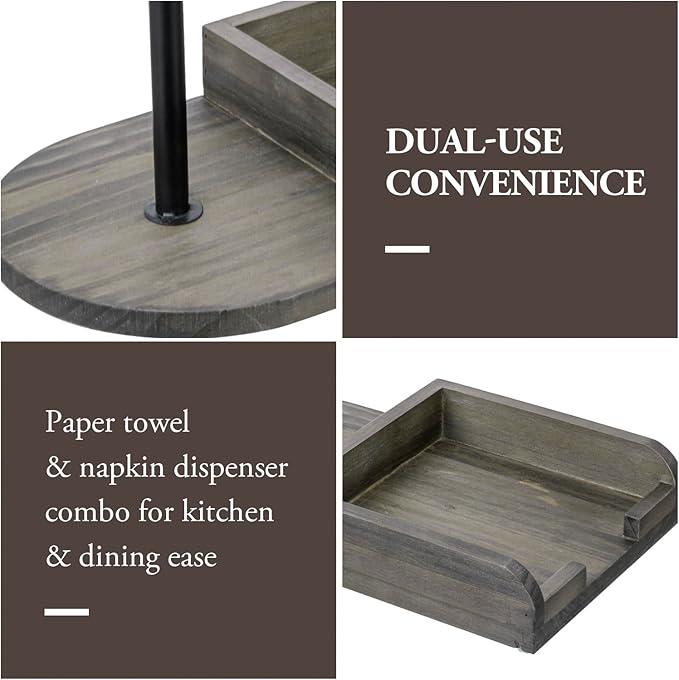MyGift Vintage Weathered Gray Solid Wood and Black Metal Paper Towel Roll Holder and Napkin Dispenser Combination Storage Rack for Kitchen Counter or Dining Table