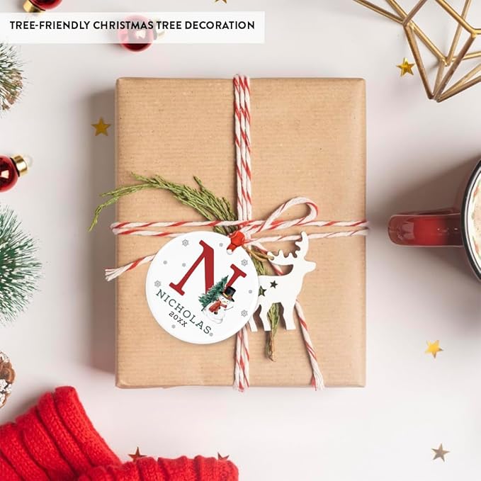 Andaz Press Personalized Ornament, Custom Name, Initial N Monogram Snowman 2.8" Ceramic Porcelain 2025 Christmas Ornament Keepsake for Kids, Boys, Girls, Includes Gold Ribbon & Gift Box, 1-Pack