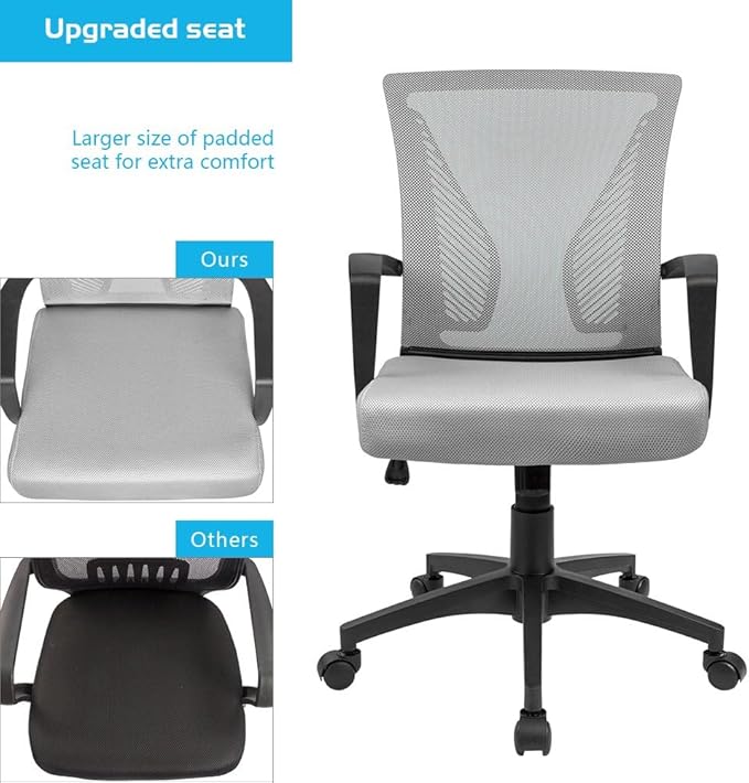 Furmax Office Chair Ergonomic Computer Desk Mesh Chair Mid Back Swivel Lumbar Support with Armrest (2, Gray)