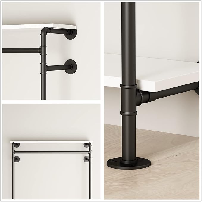 Industrial Pipe Clothing Racks with Shelves, Wall Mounted Clothes Rack for Hanging Rods, Heavy Duty Black Clothing Racks With Three Shelves Retail Display Garment Rack for Home