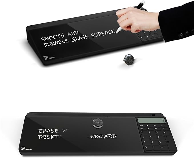 TOWON Desktop Glass Whiteboard with Basic Calculator, 12 Digit LCD Display, Desk Organizers with Accessories for Office, Home, School Supplies, Storage with Dry Erase Board Surface, Black, 17'' x 6''