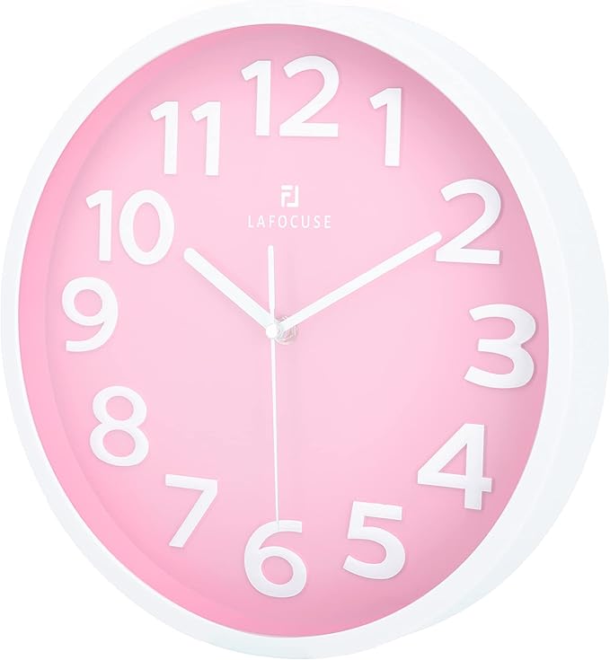 Lafocuse 12 Inch Silent 3D Numbers Pink Wall Clock for Living Room Decor, Battery Operated Pink Clocks for Girls Room Bedroom Kitchen