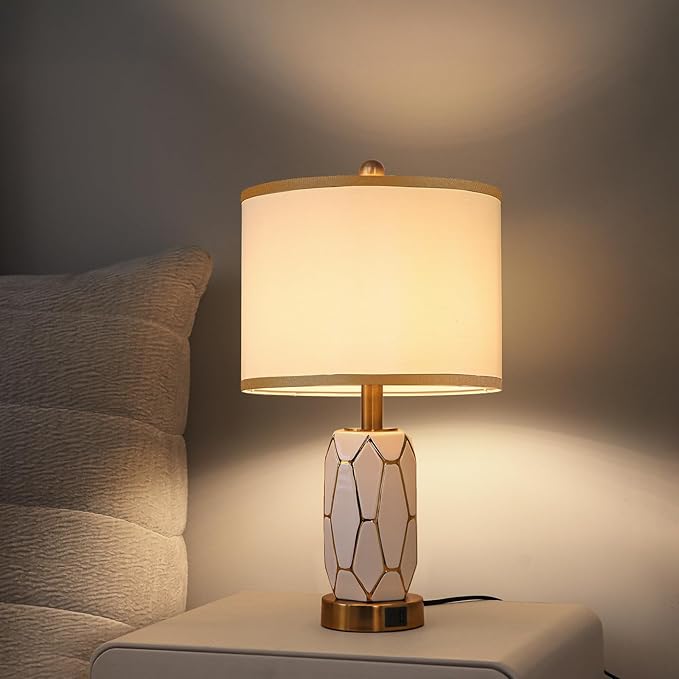 Set of 2 Touch Control Ceramic Table Lamps for Bedroom Livingroom,Modern Black/White, with USB Ports,Bedside Nightstand Lamp with Fabric Drum Lampshade,Blubs Included (White)