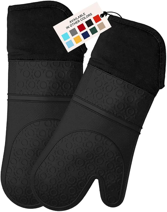 BPA-Free Silicone Oven Mitts Ultra Heat Resistant up to 500°F - Oven Mitts with Thick Cotton Liner - Long Slip Resistant Pot Holders, Flexible Oven Gloves - Black 14.7