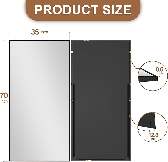 Delma Wall Full Length Mirror,Standing Mirror Full Body,Large Floor for Wall Door Bedroom Bathroom Living Room with Aluminium Frame(with Stand,70x30-Black)