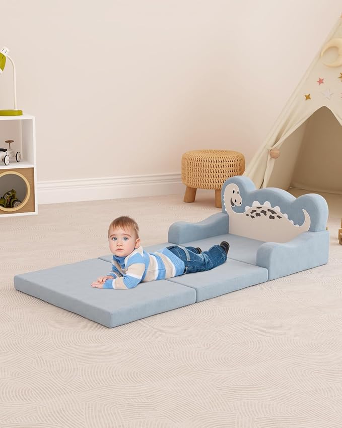 2-in-1 Kids Couch Fold Out, Convertible Toddler Couch to Lounger, Toddler Chair Comfy, Kids Sofa for Girls and Boys, Gift for Birthday, Children's Day, Dinosaur Blue