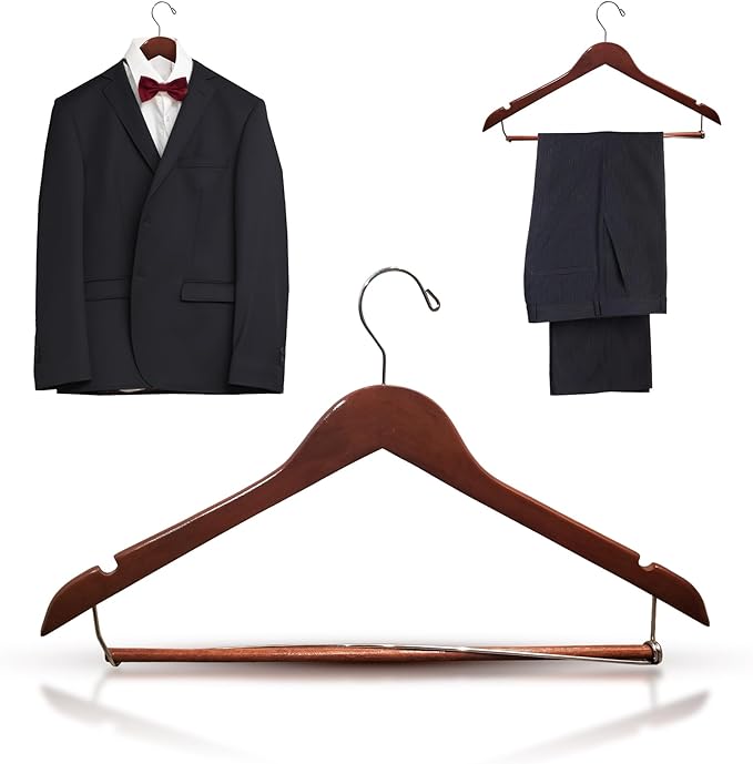DEILSY™ Suit Hangers for Men with Open Bar 10 Pack Premium Brown Wooden Coat Hangers Pants Durable Suit for Closet Organization - Jacket Hanger Wood Clothes (10)