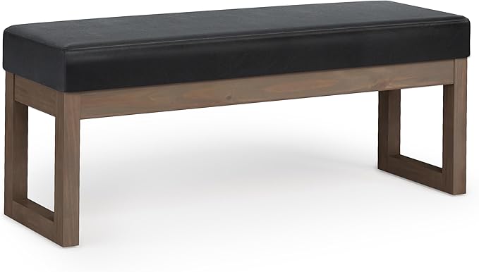 SIMPLIHOME Milltown 45 inch Wide Contemporary Rectangle Large Ottoman Bench in Midnight Black Vegan Faux Leather, Assembled, For the Living Room and Bedroom