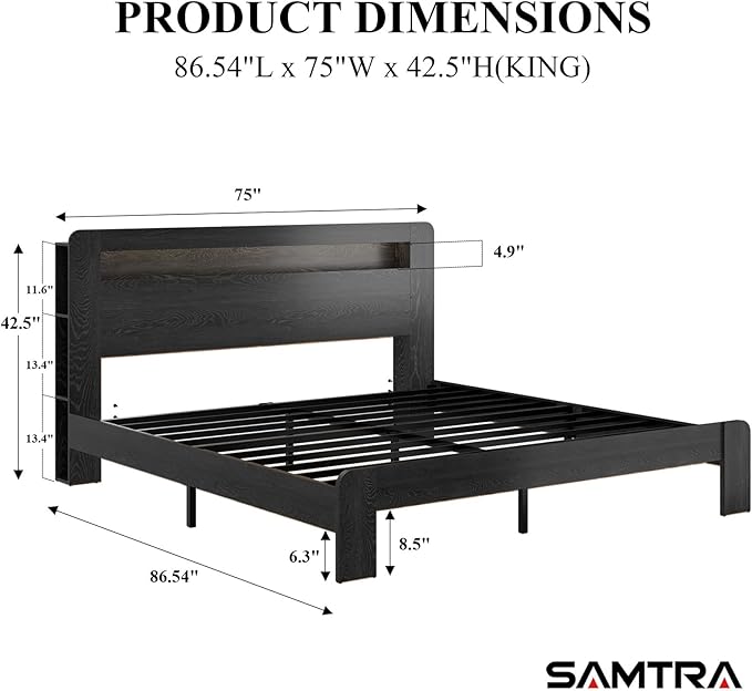 Wooden Bed Frame King Size with Storage Headboard - Farmhouse Platform Bed Frame with Bookcase Shelf & Led Lights, Sturdy Wood Slat Framework Bed Frame (Black LED)