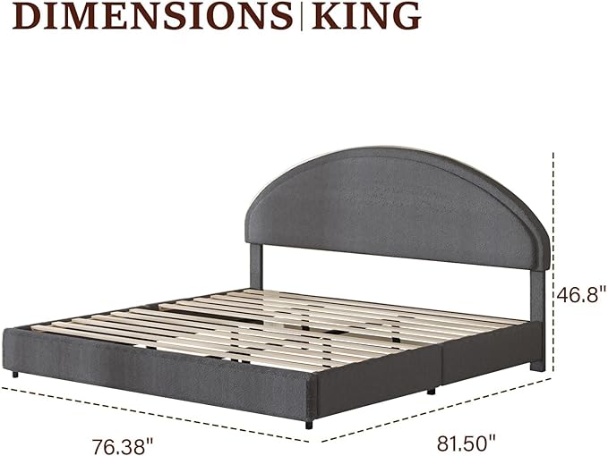 King Size Bed Frame, Upholstered Platform Bed with Headboard, Boucle Bed Frame with Round Conner, No Box Spring Required, Easy Assembly, Grey