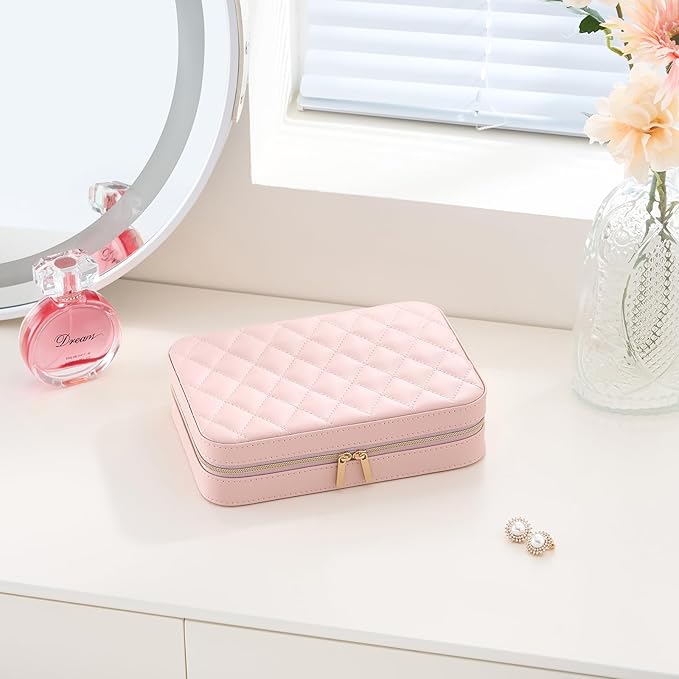 Lolalet Travel Jewelry Case for Women, Travel Jewelry Organizer Box with Mirror & Clear Storage Bag, Small Portable Traveling Earring Necklace Bracelet Ring Case, Bridesmaid Gifts -Medium, Pink