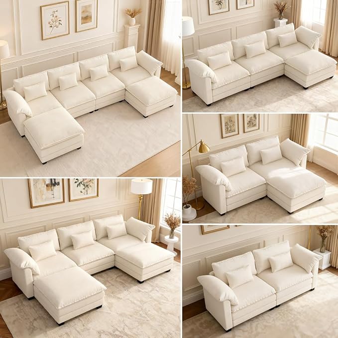 COMHOMA 153" U Shaped Sectional Sofa with Movable 2 Ottomans,Comfy Cloud Modular Couch with Throw Pillows,Modern Chenille Deep Seat Sofa Couches for Living Room,Beige