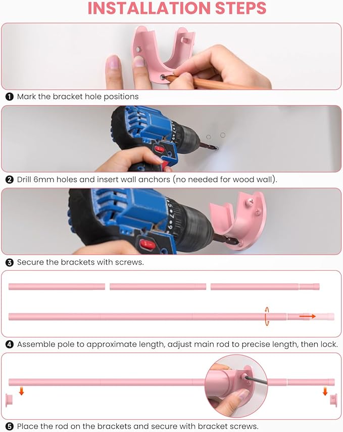 Closet Rods for Hanging Clothes, 17 to 99 Inches Stepless Adjustable Metal Closet Rod, 1.3 Inches Heavy Duty Clothes Hanging Rod for Closet Wardrobes Laundry RV, Pink