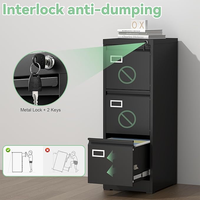 File Cabinet,3 Drawer Filing Cabinet with Lock,Metal Filing Cabinets for Home Office,School,Vertical File Cabinets for Letter/Legal/A4/F4 Size,Assembly Require,Black