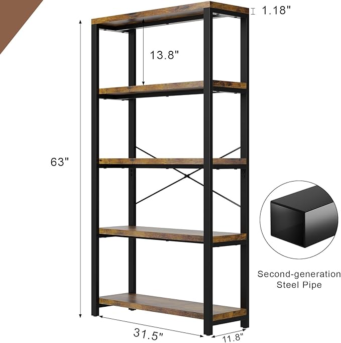 5-Tier Adjustable Heavy Duty Bookshelf, Industrial Wooden Open Storage Rack with Black Metal Frame, Vintage Bookcase with Lock Wall Design, Rustic Brown