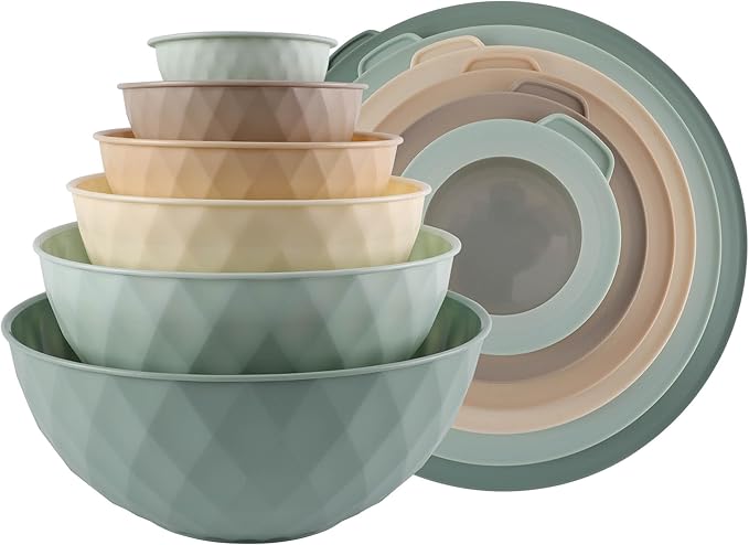 COOK WITH COLOR Mixing Bowls with Lids - 12 Piece Plastic Nesting Bowls Set includes 6 Prep Bowls and 6 Lids, Diamond Design - Microwave Safe (Mint)
