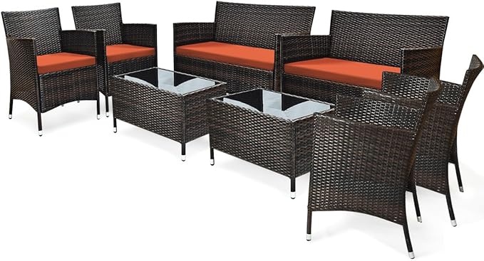 Tangkula 8 PCS Patio Rattan Conversation Set, Outdoor Wicker Furniture Set with Tempered Glass Coffee Table &Thick Cushion, Rattan Chair Wicker Set for Garden, Lawn, Poolside and Backyard (2, Orange)