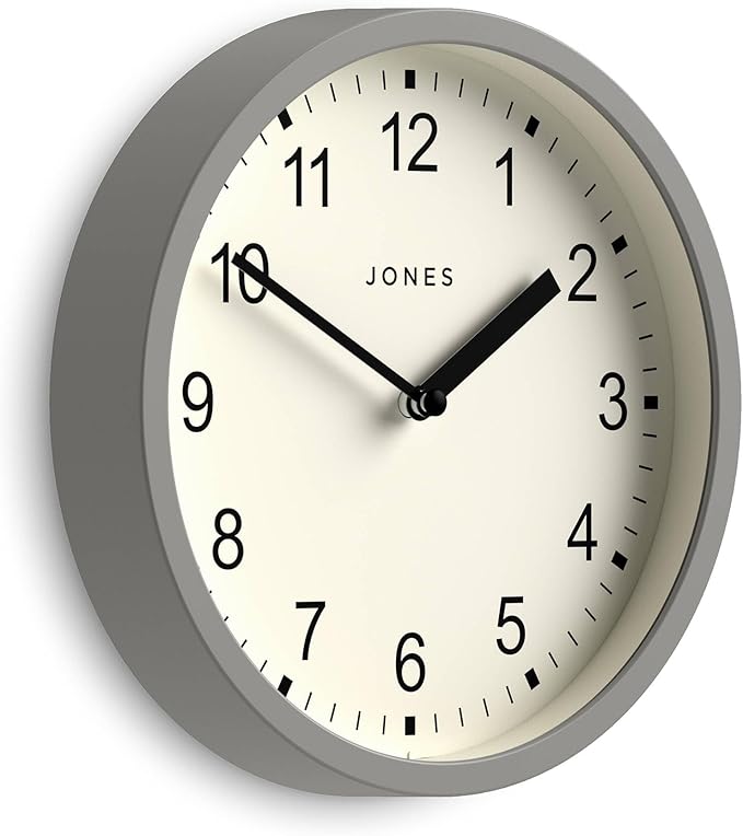 JONES CLOCKS® Spin Wall Clock | Small Modern Round Clock | 20cm | Gray | Easy to Read Numbers | Ideal for Kitchen, Office, Children’s Room or Any Small Space