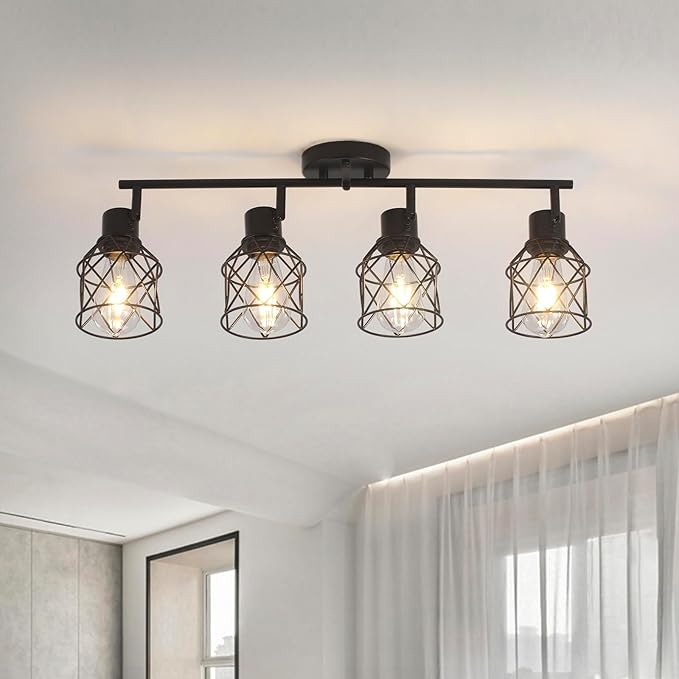 BUXVRCS Adjustable Multi-Directional Black Light Fixtures, Semi Flush Mount Ceiling Light, Kitchen Light Fixtures Ceiling Mount, Geometric Metal Cage Industrial Spotlight Fixtures for Dining Room