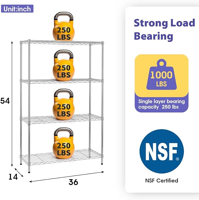 PayLessHere Shelves Shelf Storage Shelves 4 Tier Height Adjustable Shelving Unit NSF Certified 1000 lbs Total Load Capacity Stabilizing Leveling Feet Effortless Assembly (Chrome)