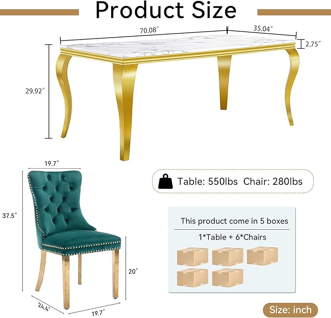70" Marble Dining Table Set for 6, Modern 7 Piece Dining Room Table Set with White Faux Marble Dining Table & 6 Green Velvet Upholstered Chairs, Luxury Gold Kitchen Table Chairs Set of 6