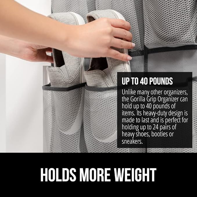 GORILLA GRIP Over the Door Shoe Organizer, 24 Large Breathable Mesh Pockets, Space Saving Hanging Storage Holder, Closet Rack Hanger Holds Up to 40 lbs, Hangs on Closets for Shoes, Accessories, Gray