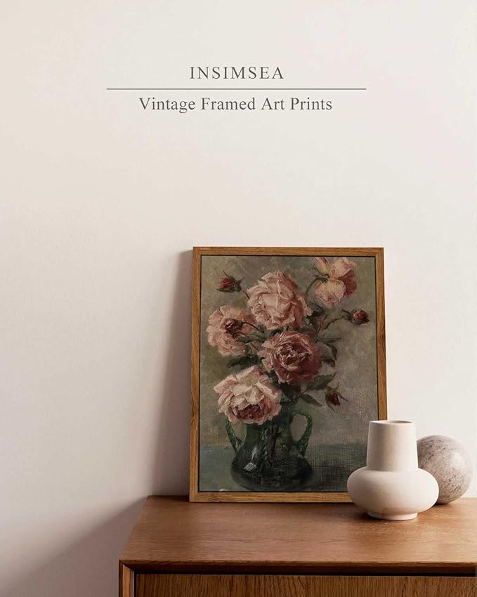 InSimSea Framed Wall Art for Living Room Flower Wall Art Home Decor Roses in Vase Vintage Paintings Canvas Prints Botanical Prints Mid Century Modern Decor Farmhouse Bedroom Wall Decor 9x11in