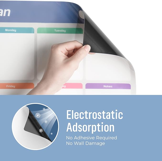 Loukin 17"x11.8" Monthly Dry Erase Calendar, Electrostatic Clings to All Shiny Surface, Reusable Whiteboard Planner Schedule for Refrigerator, Office, Classroom, 6 Magnetic Markers & 1 Eraser Included