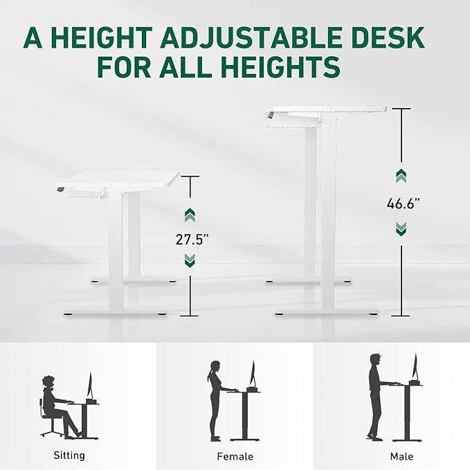 FEZIBO 55 x 24 Inches Standing Desk with Drawer, Adjustable Height Electric Stand up Desk with Storage, Sit Stand Home Office Desk, Ergonomic Computer Desk, White