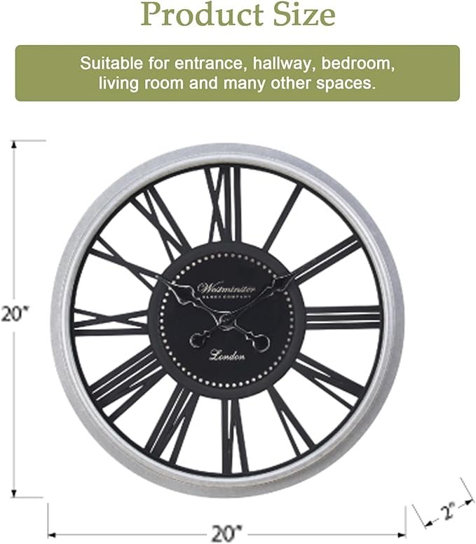 16 Inch Retro Black Wall Clock, Silent Non-Ticking Battery Operated Round Vintage Clock with Roman Numerals,Decorative Living Room, Kitchen, Bedroom Decor