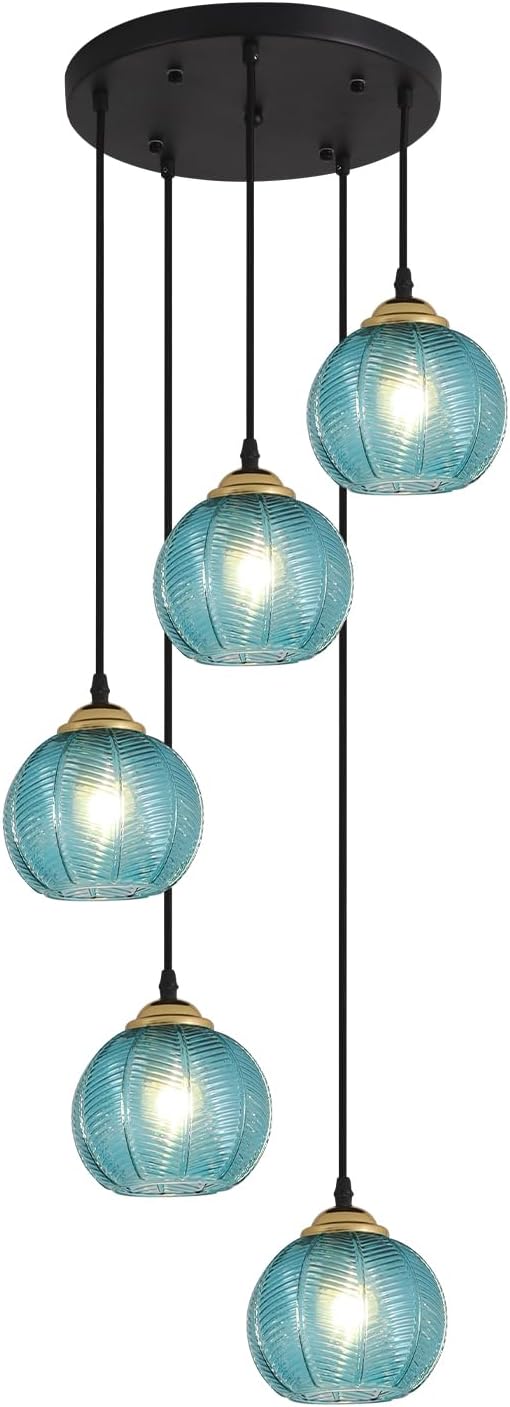 KCO Lighting Modern Blue Glass Chandelier Globe Cluster Pendant Light Black and Gold Kitchen Pendant Lighting Nordic Ribbed Glass Pendant Light Large Round Chandelier