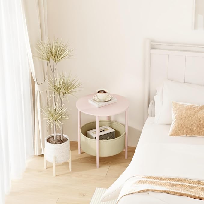 Round End Table with Fabric Basket, Bedside Table with Storage, Morden Round Nightstand, Samll Side Table for Living Room，Bathroom，Bedroom, Nursery, Laundry, Pink