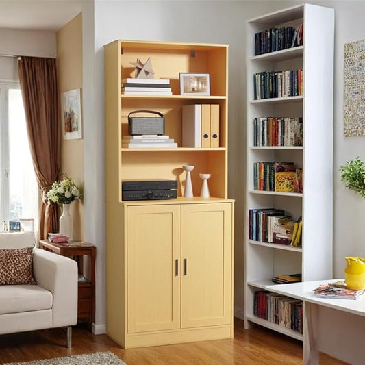 75" Tall Bookcase with Doors, 5 Tier Large Bookshelf with Cabinet, Standing Wood Display Book Shelf for Living Room, Office, Library with Doors, Oak