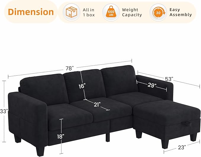 Sectional Sofa Couches for Living Room - 78'' Black 3 Seat L-Shaped Couch with Storage Ottoman, Modern Velvet Convertible Sectionals Sofas with Chaise for Apartment, Office, Small Space