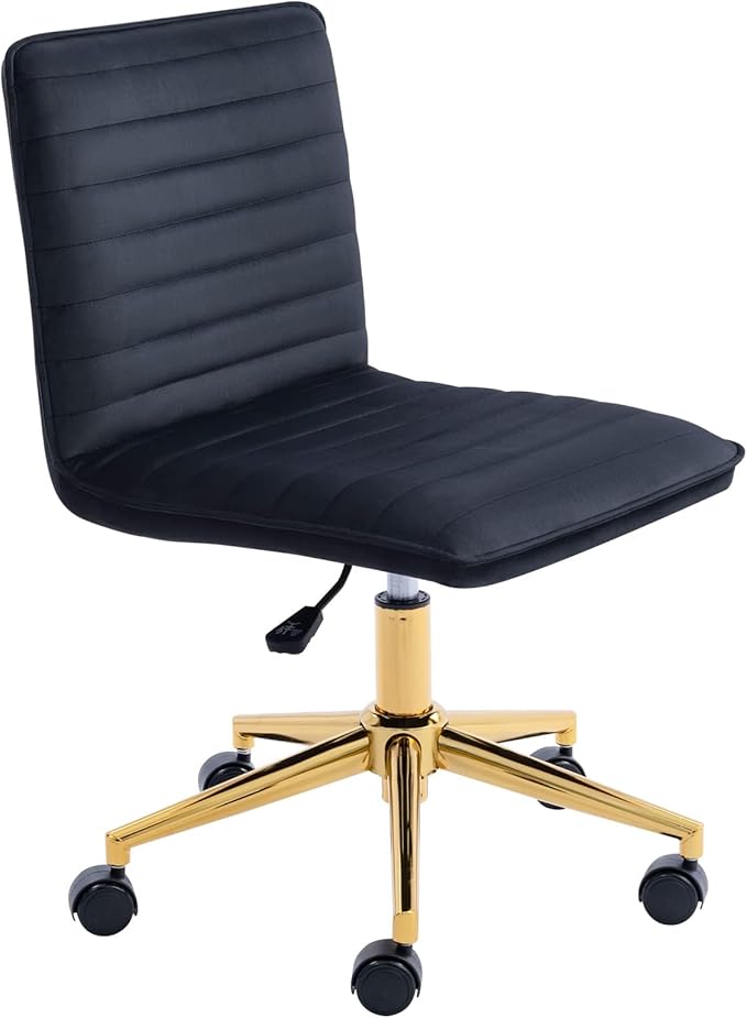 Furniliving Home Office Desk Chair, Armless Vanity Chair with Wheels Soft Velvet Adjustable Height, Comfy Computer Rolling Chairs with Gold Metal Base Stool,Black
