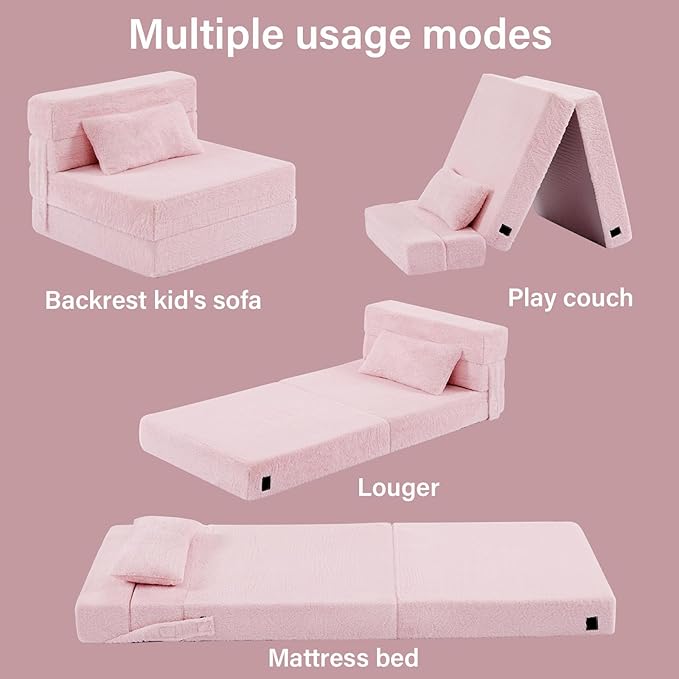Folding Sofa Bed Floor Mattress for Kids with Pillow, Toddler Washable Folding Floor Nap Mat for Sleeping Daycare, Child Fold Up Sofa Futon Chair Bed with Storage Bag for Children