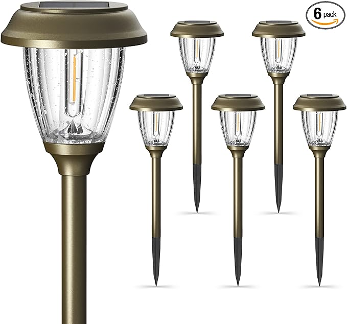XMCOSY+ Solar Lights Outdoor 10/25 LM LED with 2 Lighting Modes, Solar Garden Lights Glass and Metal, IP65 Waterproof Solar Powered for Yard Pathway Walkway Driveway Patio (6 Pack, Warm White)