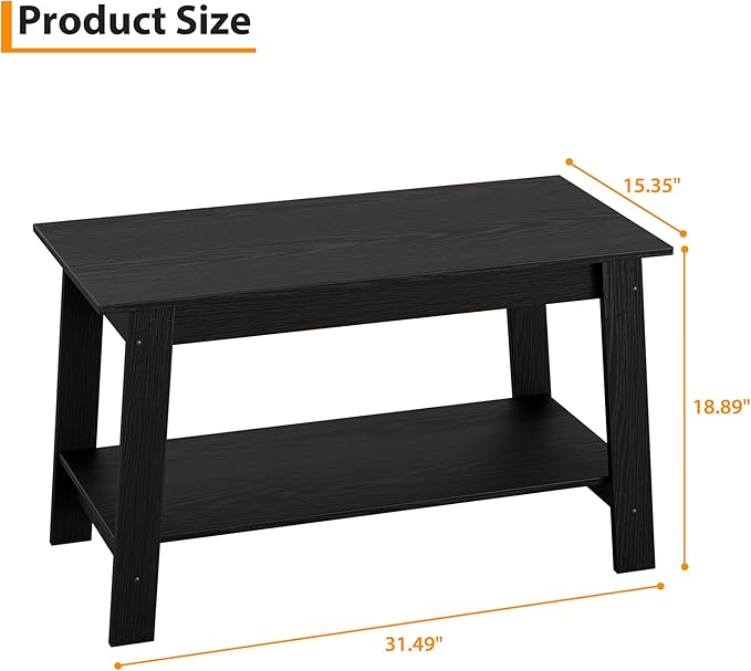 Coffee Table for Living Room, 2 Tier Coffee Table with Storage, Small Rectangular Center Tables with Shelf, Space Saving, Easy Assembly, Black