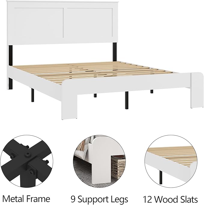 Full Size Bed Frame, Rustic Vintage Platform Bed Frame with Wood Headboard and Footboard, 12 Wood Slats Support, No Box Spring Needed (White, Full)