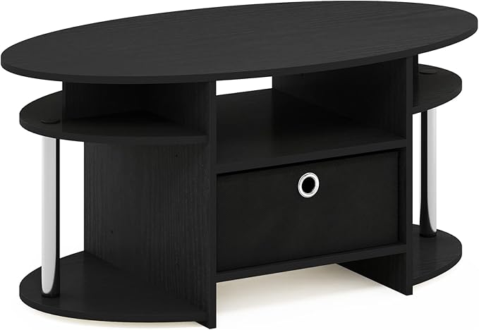 Furinno Jaya Simple Design Oval Coffee Table with Bin for Living Room, Americano/Chrome/Black