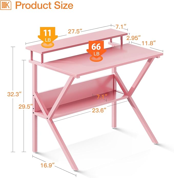 ODK Small Desk, 27.5 Inch Computer Desk for Small Spaces, Compact Desk with Storage, Study Table with Monitor Stand for Home Office, Pink