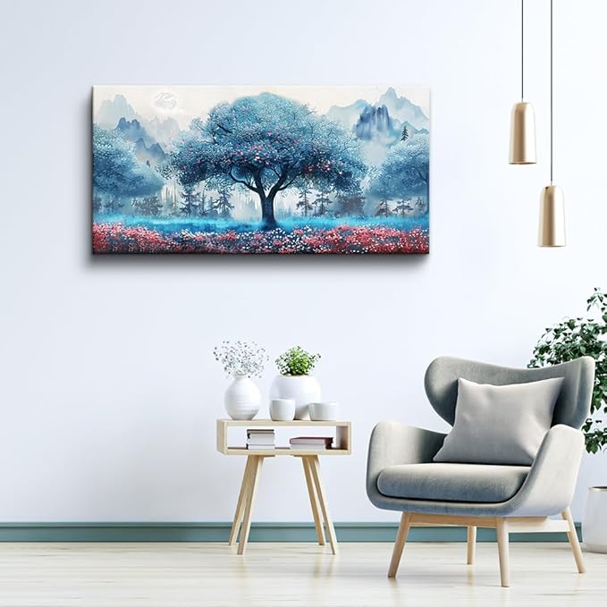MHARTK66 Blue Tree Landscape Wall Paintings Large Wall Art For Bedroom Canvas Wall Decor For Living Room Office Decorations Farmhouse Pictures Artwork Ready To Hang Posters Home Decor 60"X30"