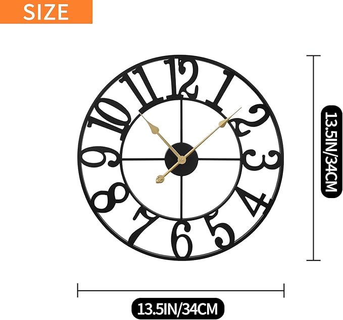 LEIKE Large Wall Clocks,Silent,Non Ticking,Battery Operated Small Vintage Round Modern Metal Wall Clock for Living Room, Bedroom,Kitchen,Farmhouse,Office Decor-13.5 Inch(Black-Arabic Number)