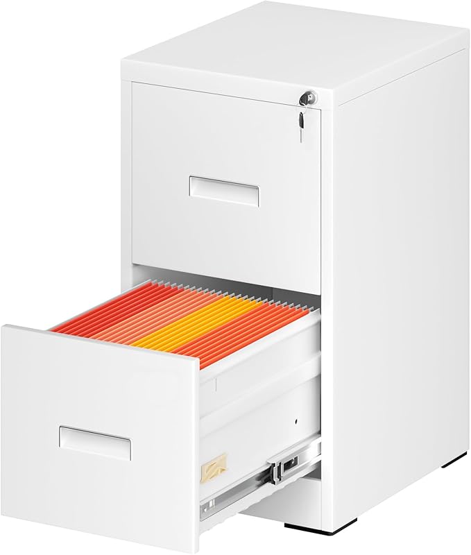 Greenvelly 2 Drawer Metal File Cabinet with Lock, White Vertical Filing Cabinet for Home Office, Lockable Metal File Cabinet for Hanging Letter/Legal Folders, Easy Assemble