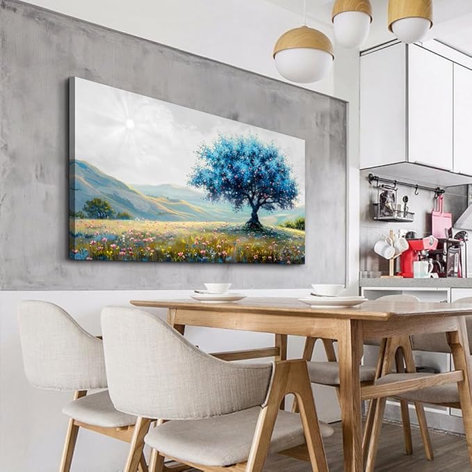 FUHAIHUA Canvas Wall Art For Living Room Modern Wall Decor For Bedroom Office Wall Decoration Pastoral Landscape Painting Blue Tree Pictures Artwork Ready To Hang Room Aesthetic Home Decor 20x40 In