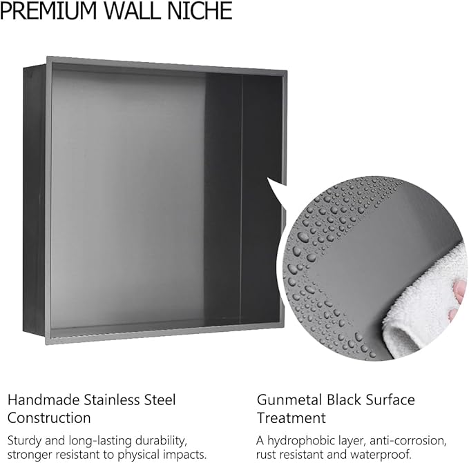 16 x16 Gunmetal Black Bathroom Shower Niche, Luckyhorse 16"x16"x4" Wall-Inserted Rectangular Recessed Bathroom Niche Recessed Shower Niche Shelf for Bathroom Storage