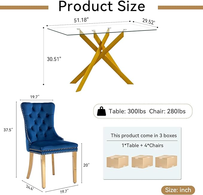 Goujxcy Glass Dining Table Set for 4, Modern Kitchen Table and Chairs Set of 4, 5-Piece Kitchen Dining Room Table Set w/51 Glass Gold Dining Table and 4 Blue Velvet Upholstered Chairs
