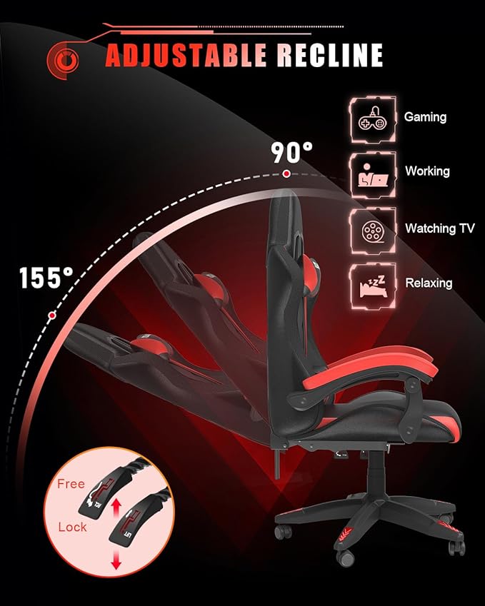 Bigzzia Gaming Chair with RGB LED Lights, High Back Ergonomic Computer Gamer Chair with Headrest and Lumbar Support, Racing Style Reclining Game Chair for Adults, Kids(Black/Red)