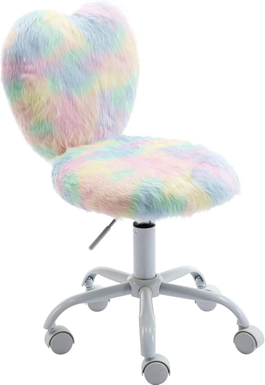 Cute Fuzzy Kids Chair for Teenage Girls Rolling Study Desk Student Chair Furry Computer Task Chair, Adjustable Heart Shaped Reading Vanity Chair for Bedroom, Various