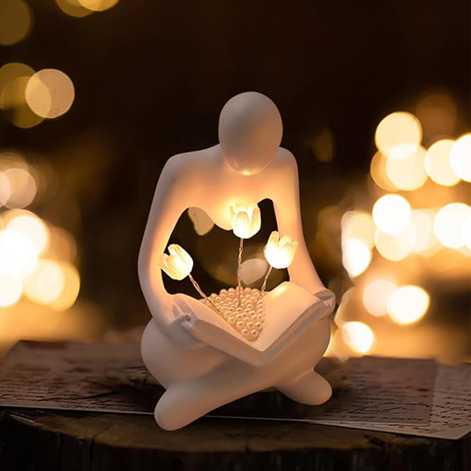 Reading Women Statue with Tulip Lamp, Thinker Sculptures with Night Light, Abstract Art Ornament, Modern Aesthetic Figurine Decoration for Home Living Room Bedroom Office Table Desk Bookshelf Decor